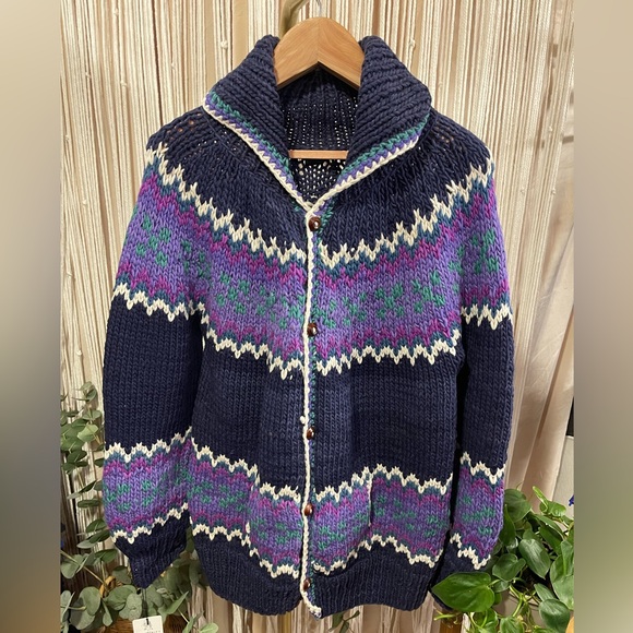 vintage hand-knit chunky wool cardigan sweater Fair Isle pattern blue teal - Picture 14 of 15